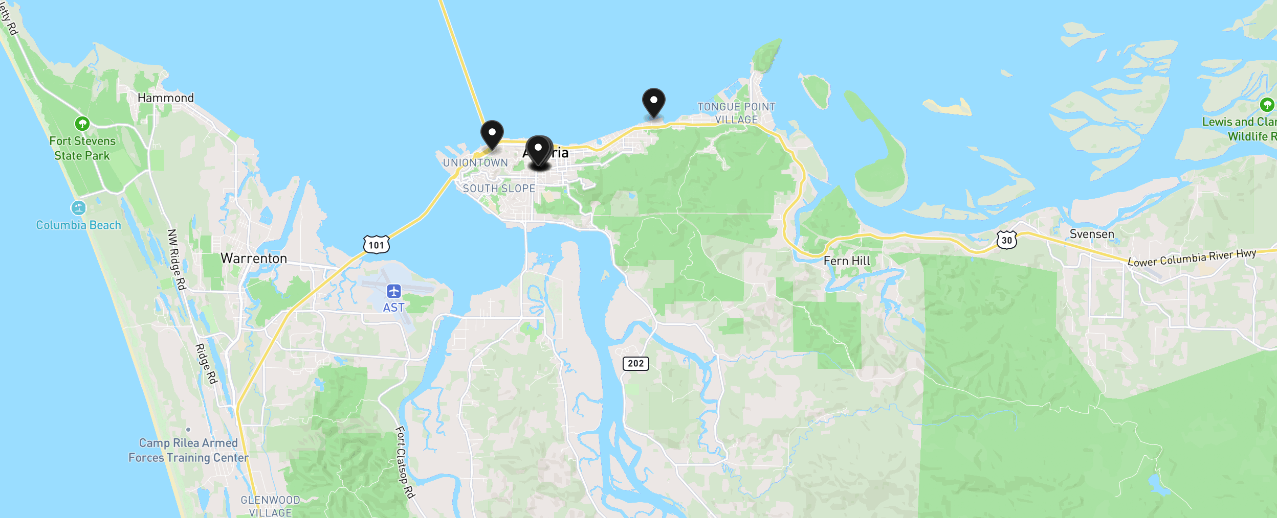 Map of Astoria with 12 homes for sale pinned