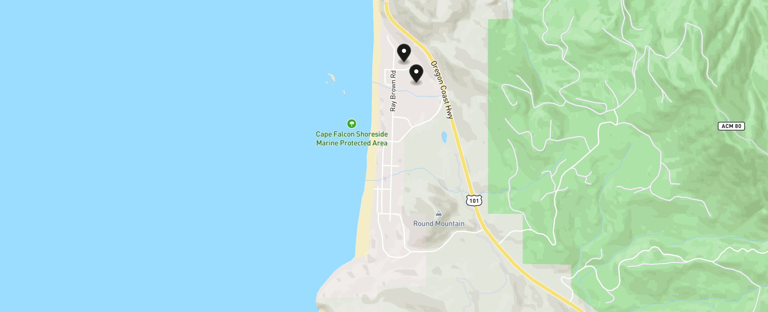 Map of Cove Beach with 2 homes for sale pinned