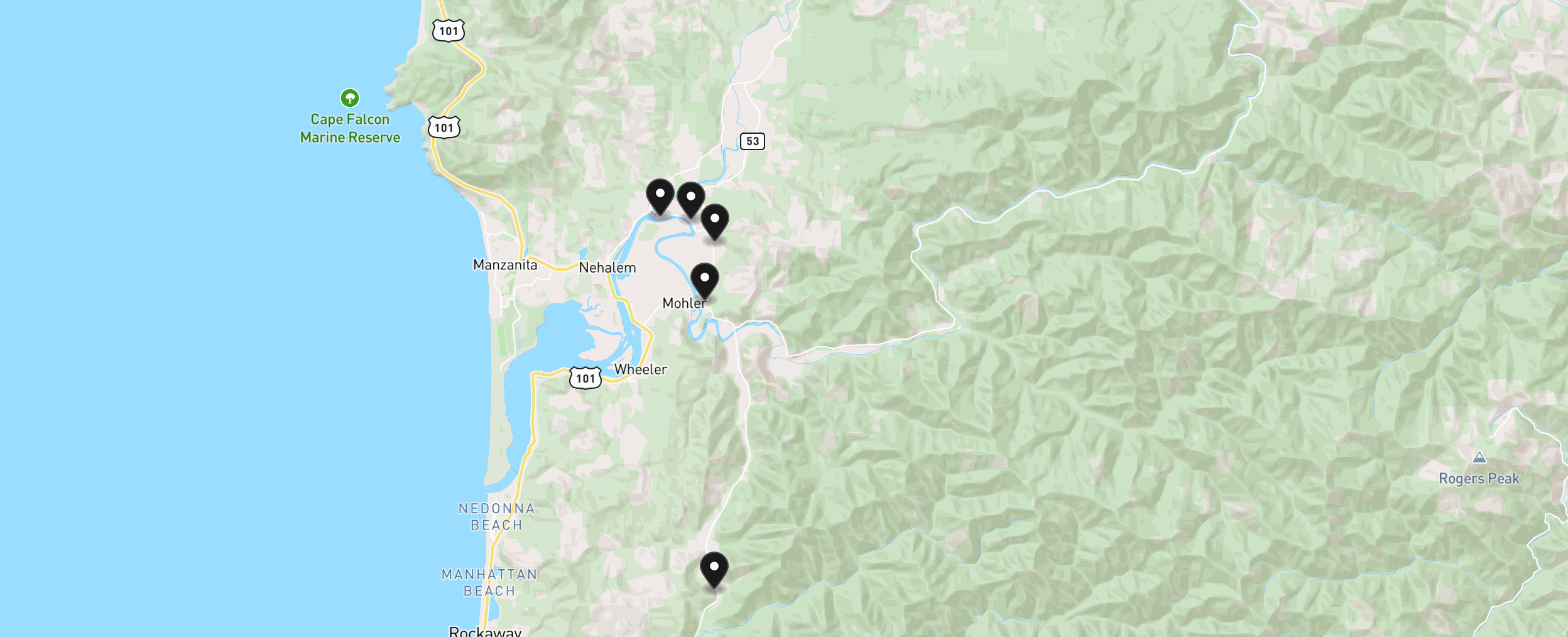 Map of Nehalem Valley with 5 homes for sale pinned