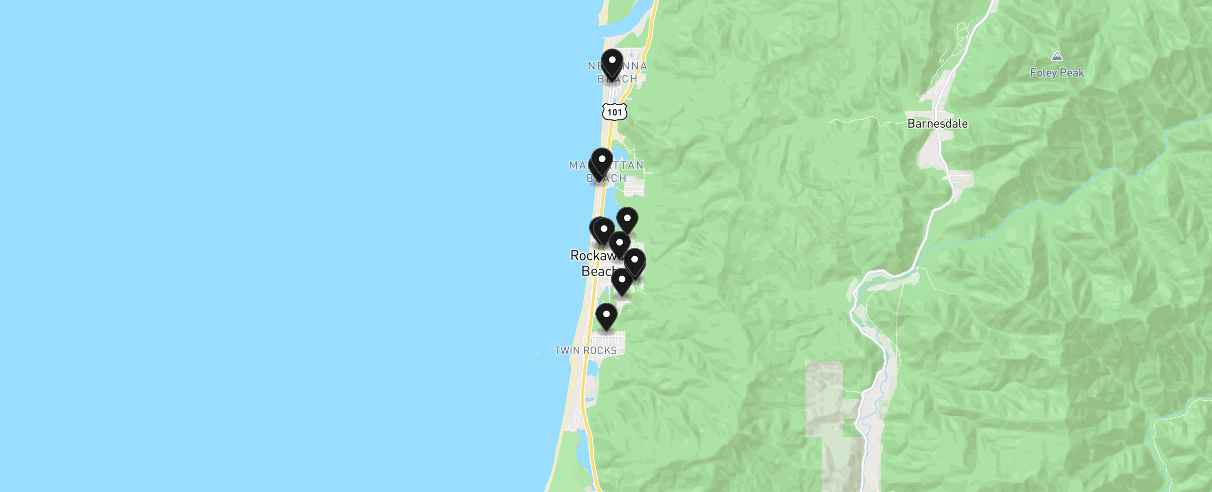 Map of Rockaway Beach with 12 homes for sale pinned