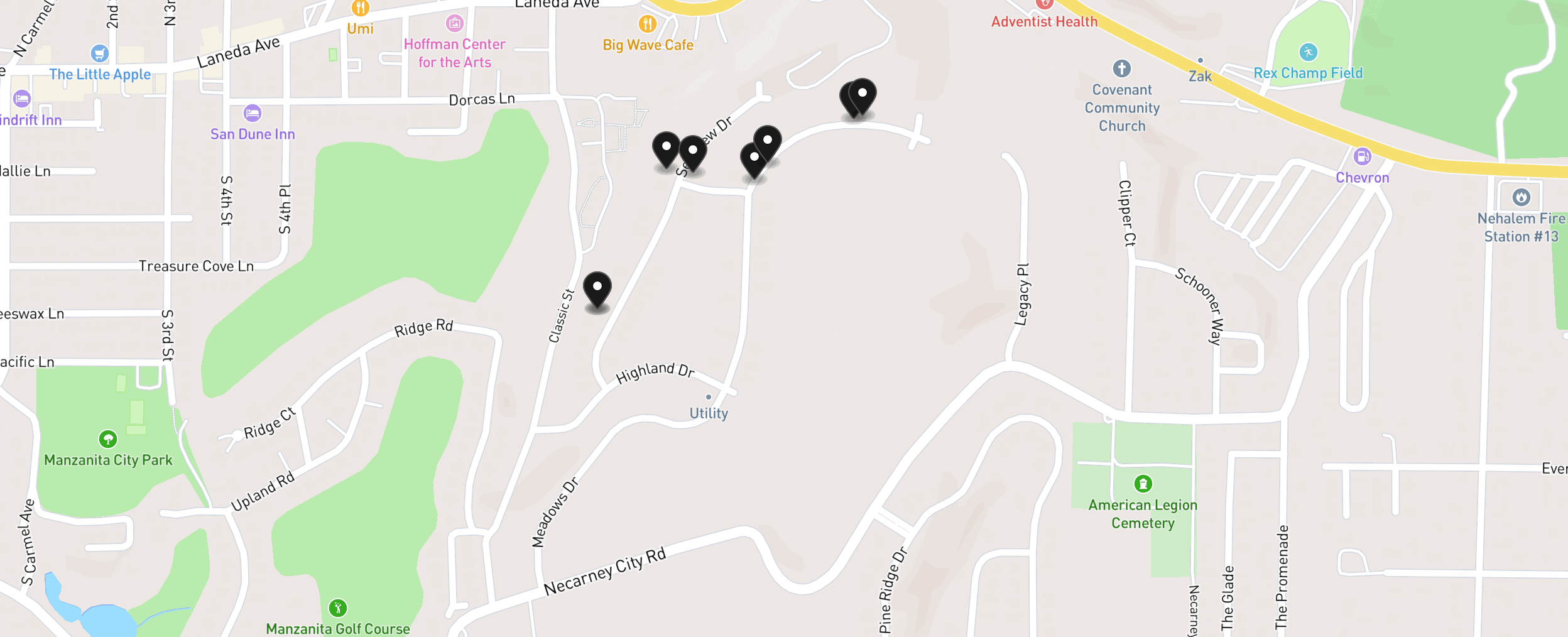 Map of the Highlands at Manzanita with 8 listings pinned