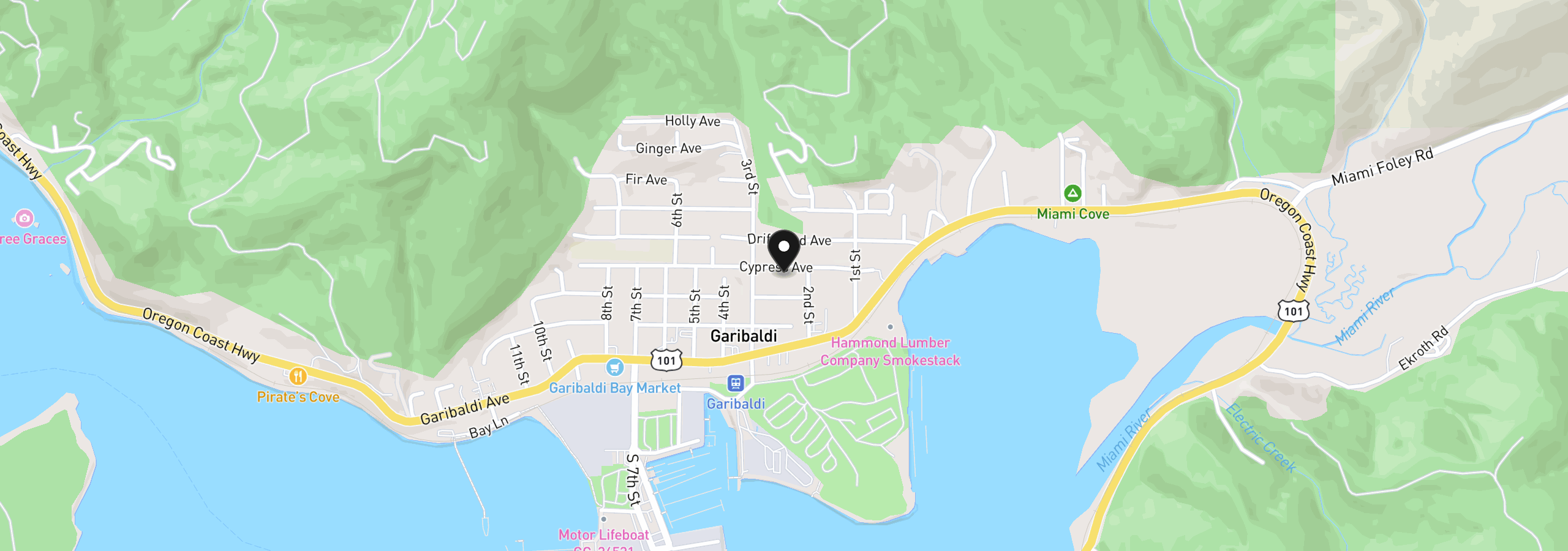 Map showing the location of 207 Cypress Ave, Garibaldi, OR 97118