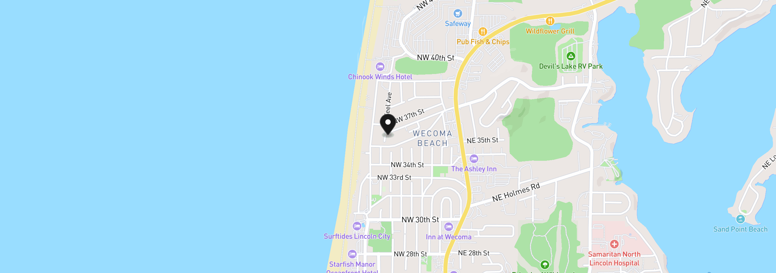 Map showing the location of 3540 NW Keel Ave, Lincoln City, OR 97367