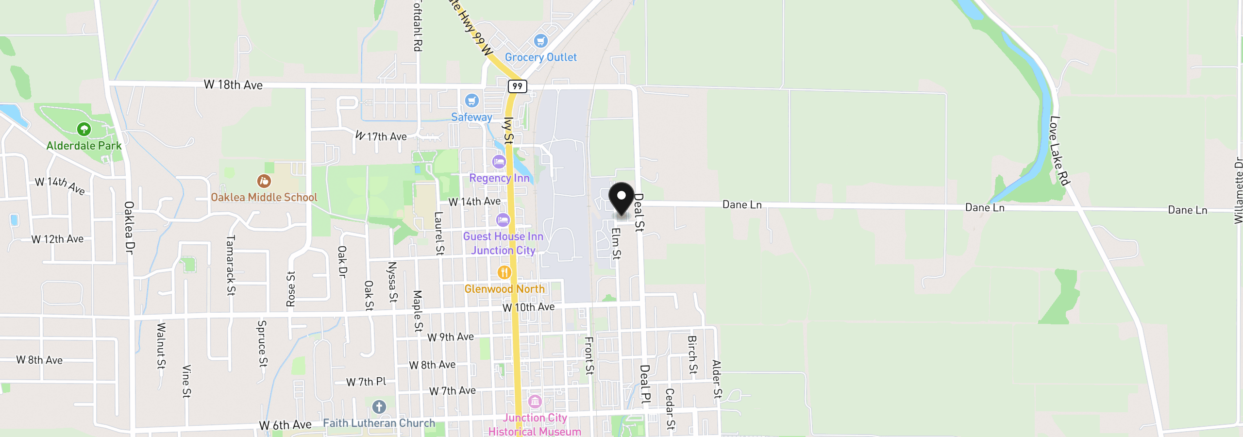 Map showing the location of 1310 Elm St, Junction City, OR 97448