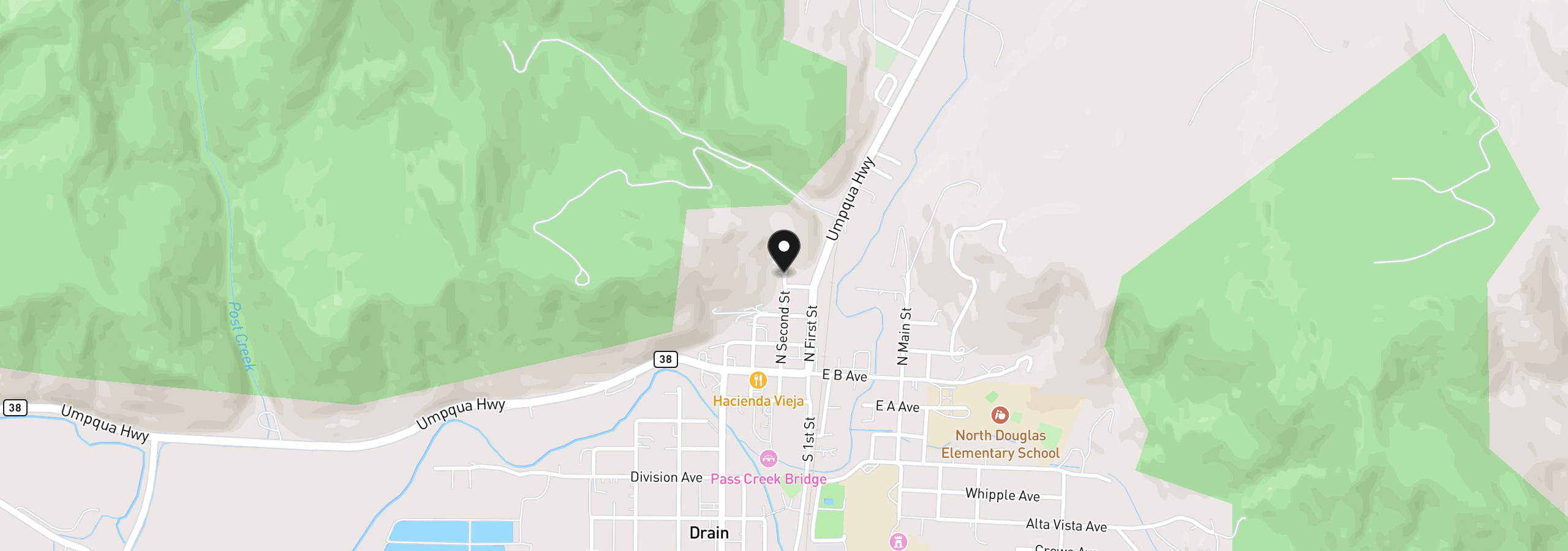 Map showing the location of 601 N 2nd St, Drain, OR 97435