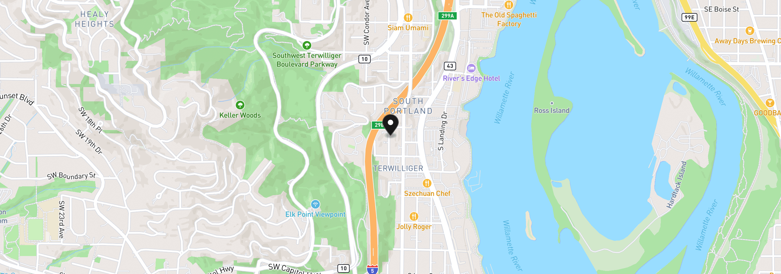 Map showing the location of 5028 SW View Point Ter, Portland, OR 97239