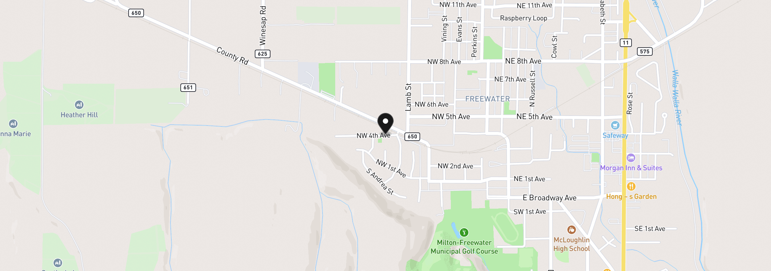 Map showing the location of 000 4th Ave, Milton-Freewater, OR 97862