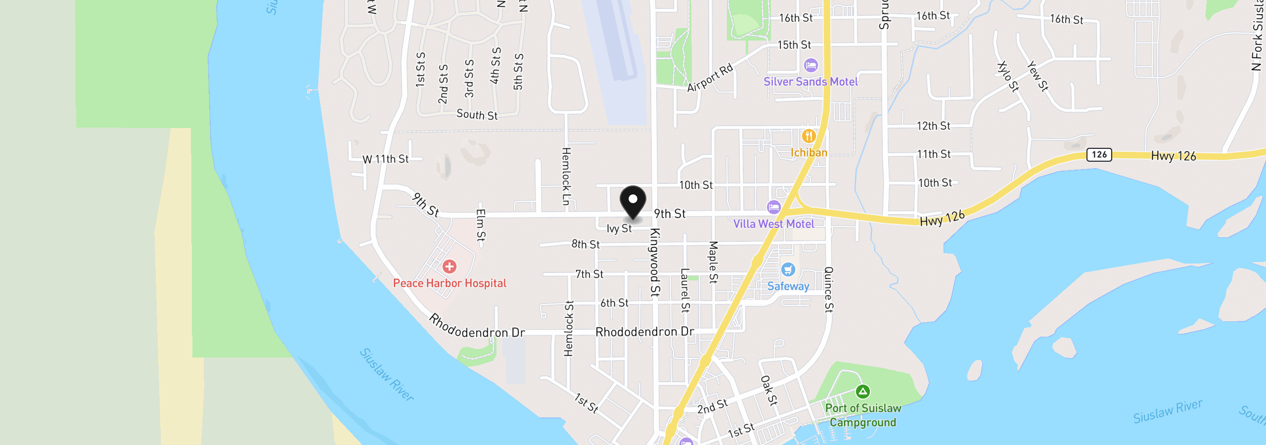 Map showing the location of 1142 9th St, Florence, OR 97439