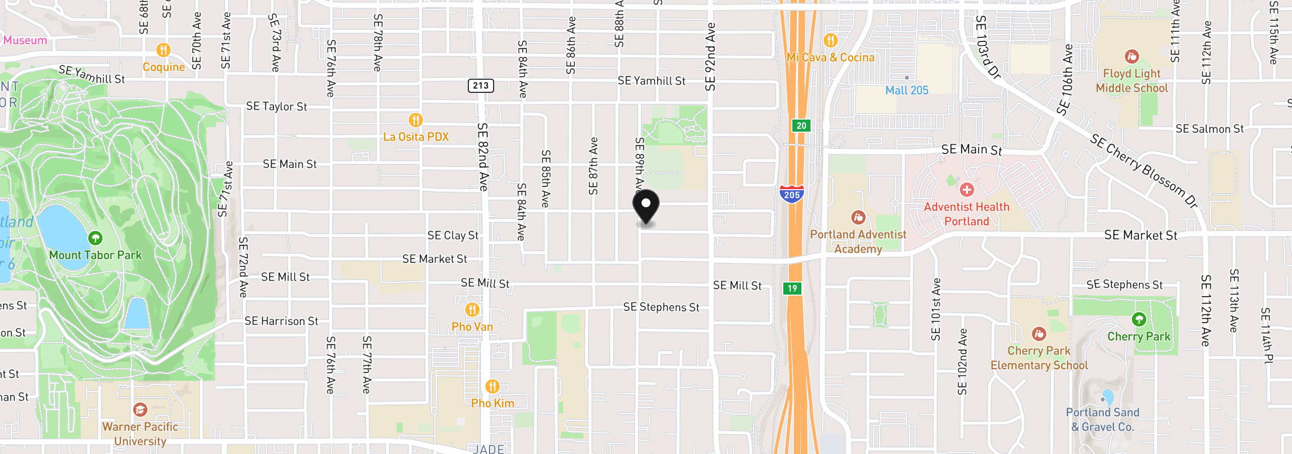 Map showing the location of 8907 SE Clay St, Portland, OR 97216