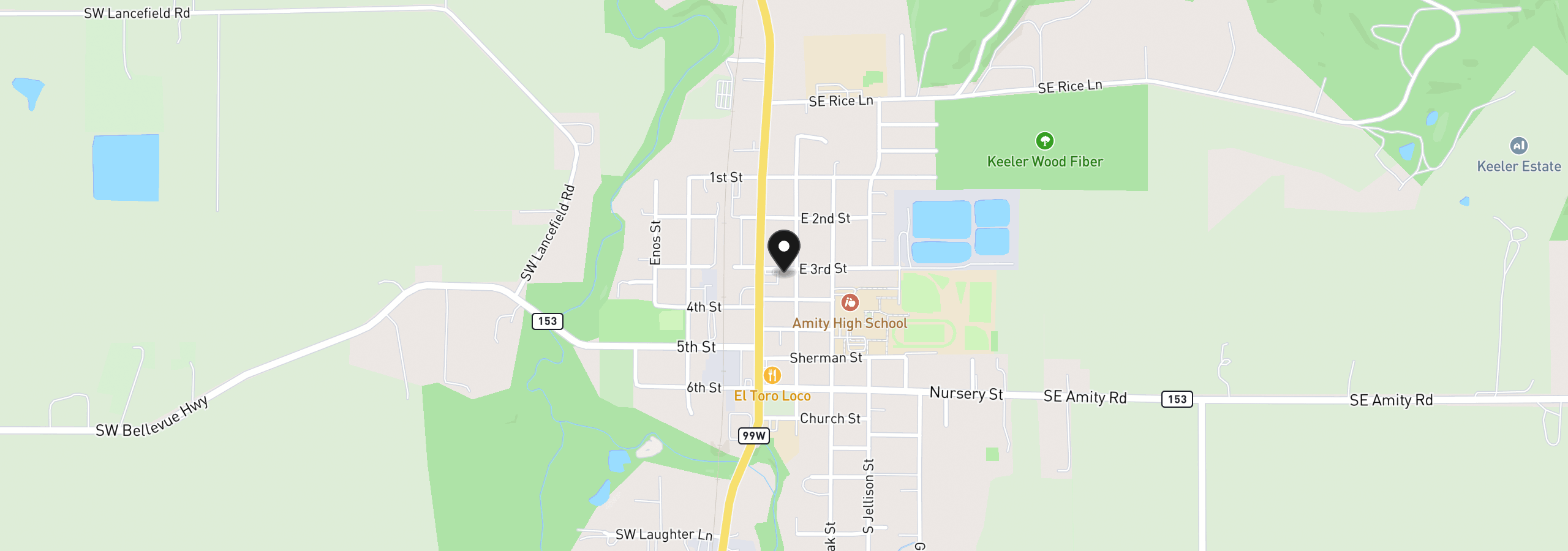 Map showing the location of 109 E Third St, Amity, OR 97101