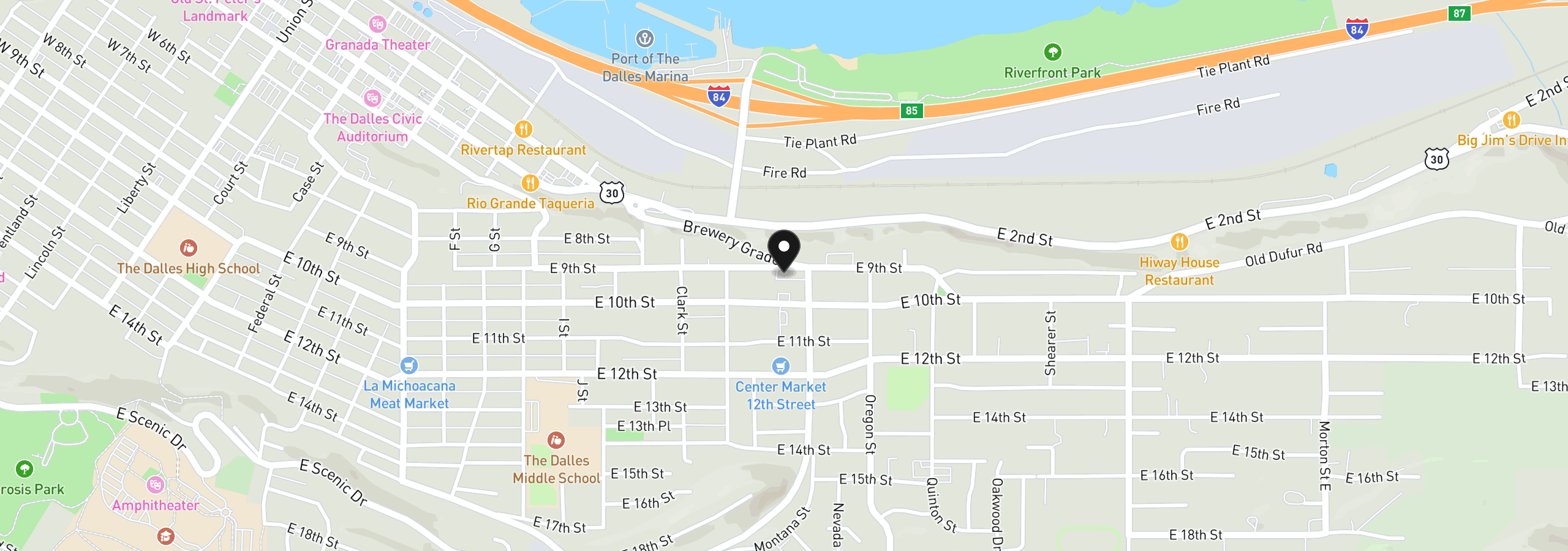 Map showing the location of 1622 E 9th St, The Dalles, OR 97058