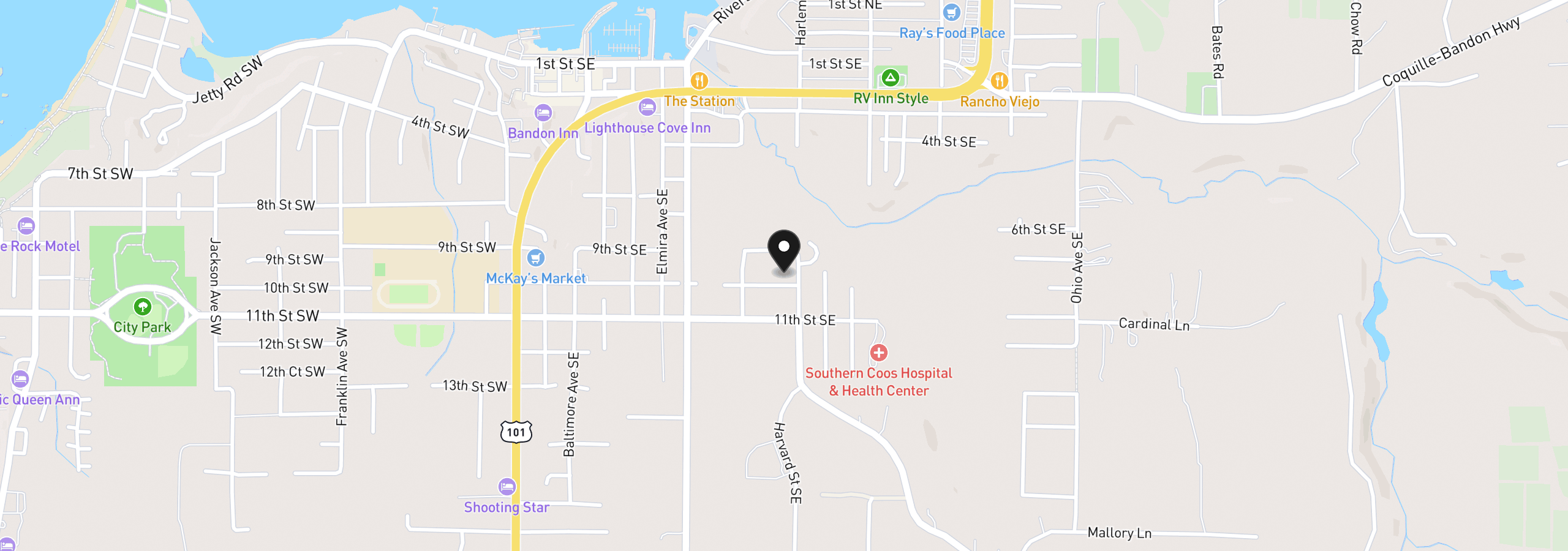 Map showing the location of 775 10th St SE, Bandon, OR 97411