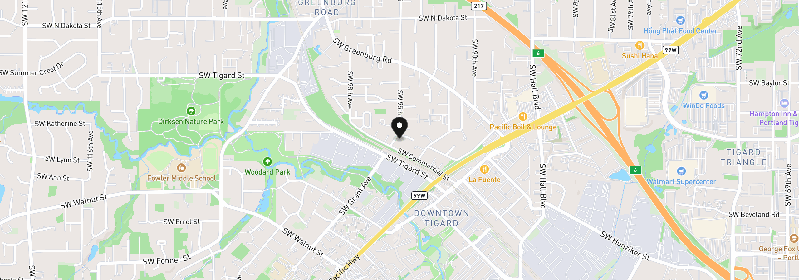 Map showing the location of 12020 SW 95th Ave, Tigard, OR 97223