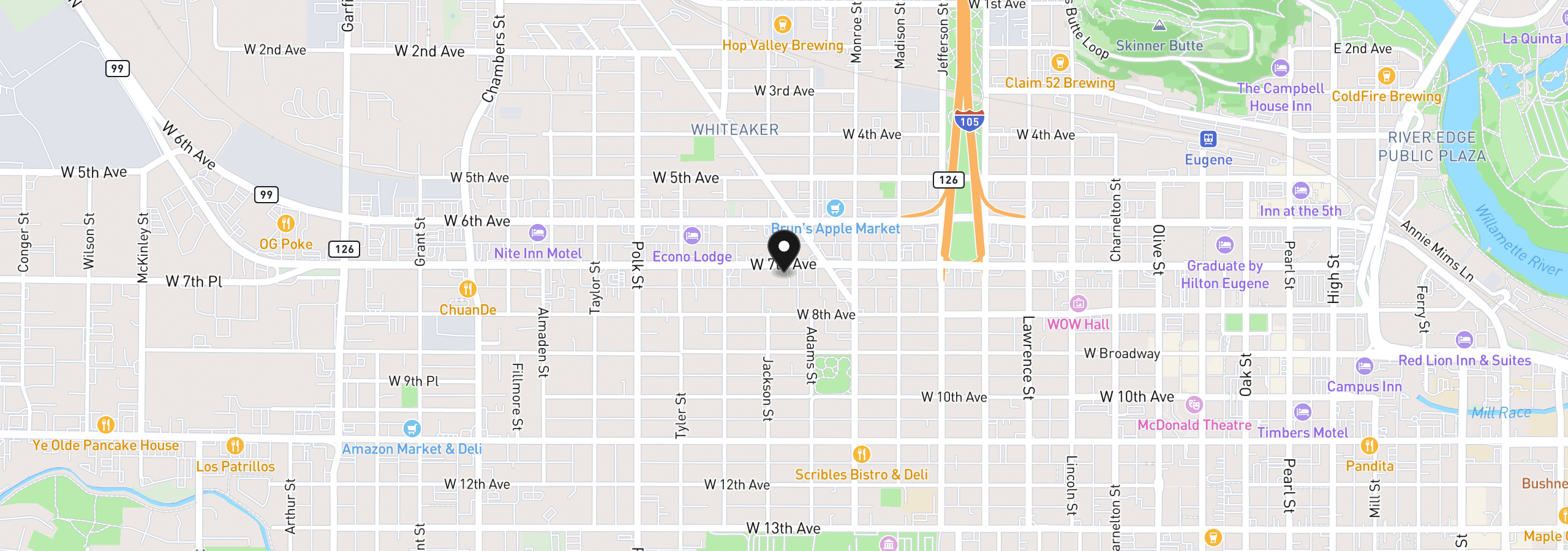 Map showing the location of 960/970 W 7th Ave, Eugene, OR 97402