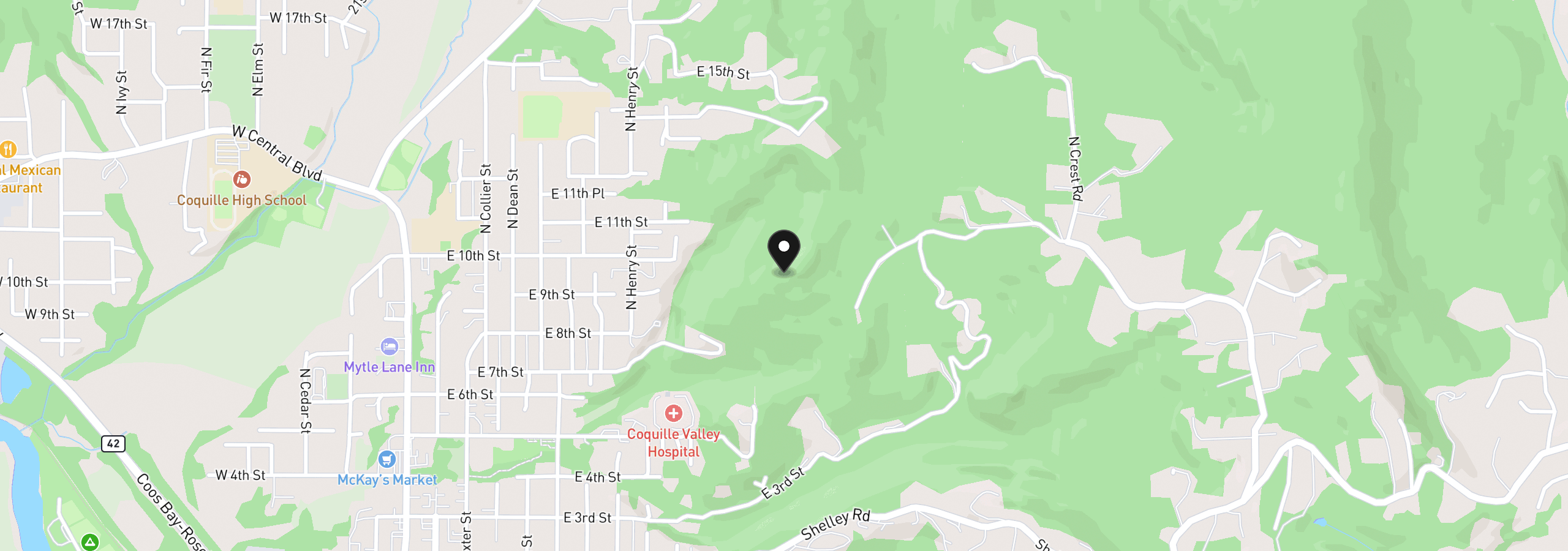 Map showing the location of 0 Crest Acres Rd, Coquille, OR 97423