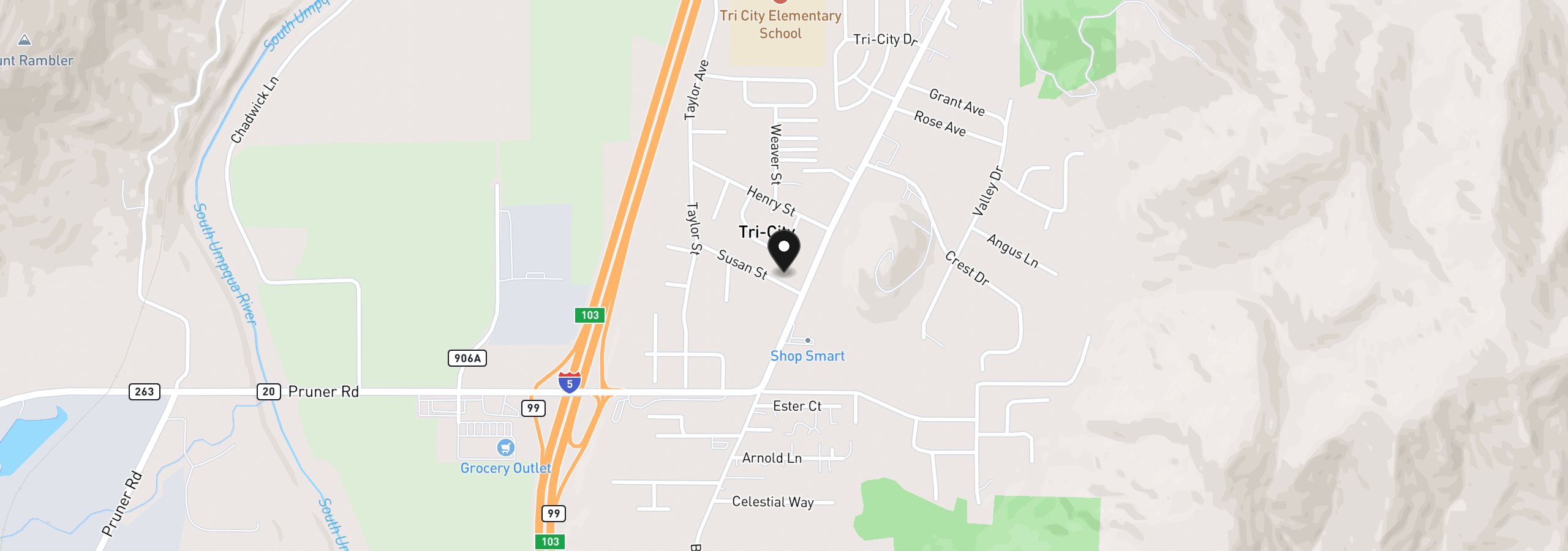 Map showing the location of 125 Susan St, Myrtle Creek, OR 97457