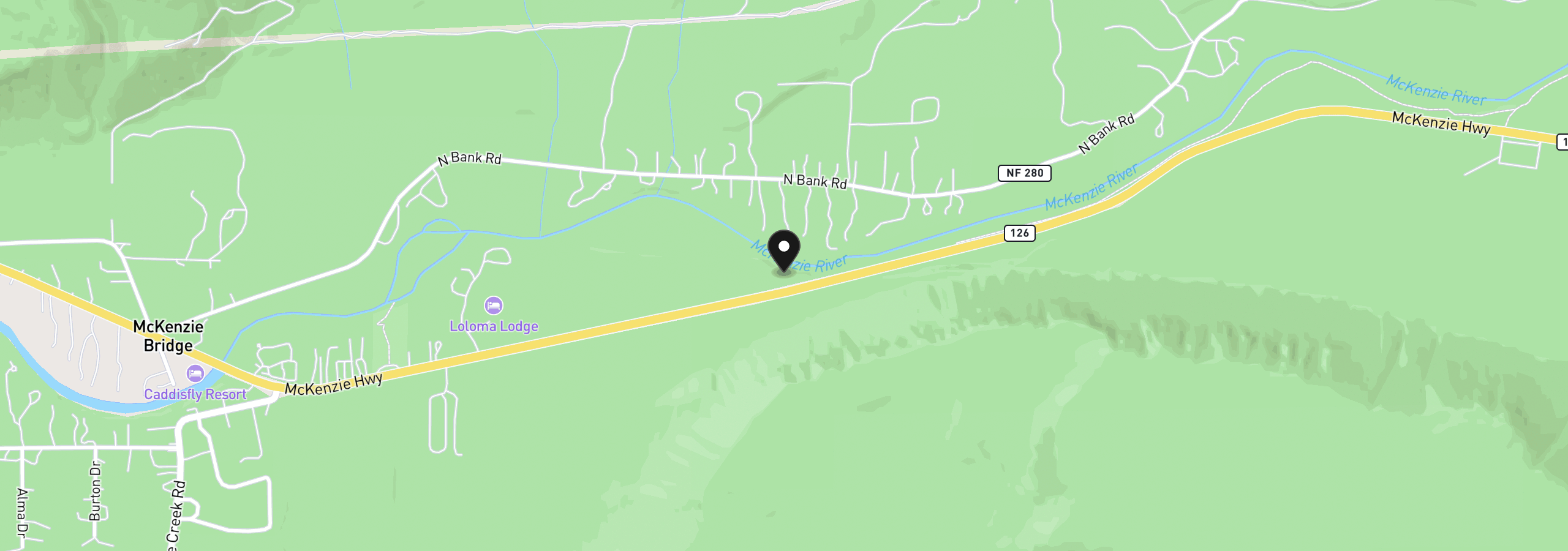 Map showing the location of 56965 McKenzie Hwy, McKenzie Bridge, OR 97413