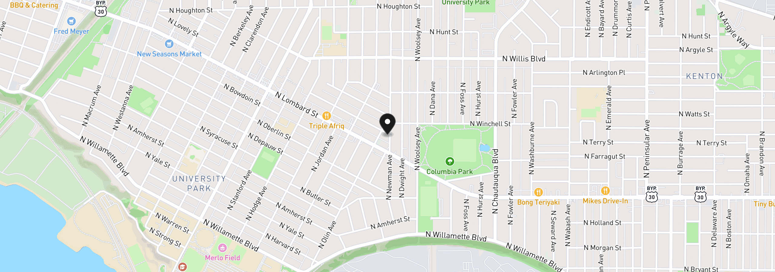 Map showing the location of 7627 N Newman Ave, Portland, OR 97203