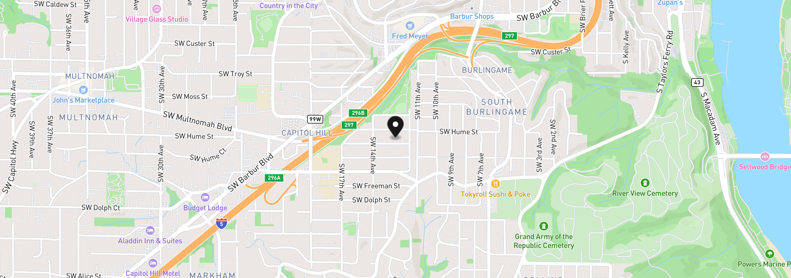 Map showing the location of 1247 SW Hume Ct, Portland, OR 97219