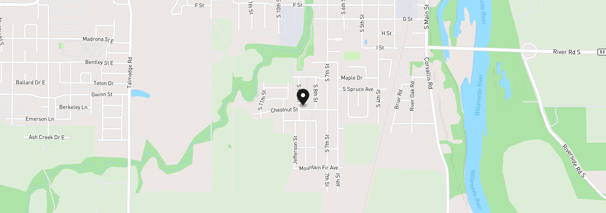 Map showing the location of 1293 S 9th St, Independence, OR 97351