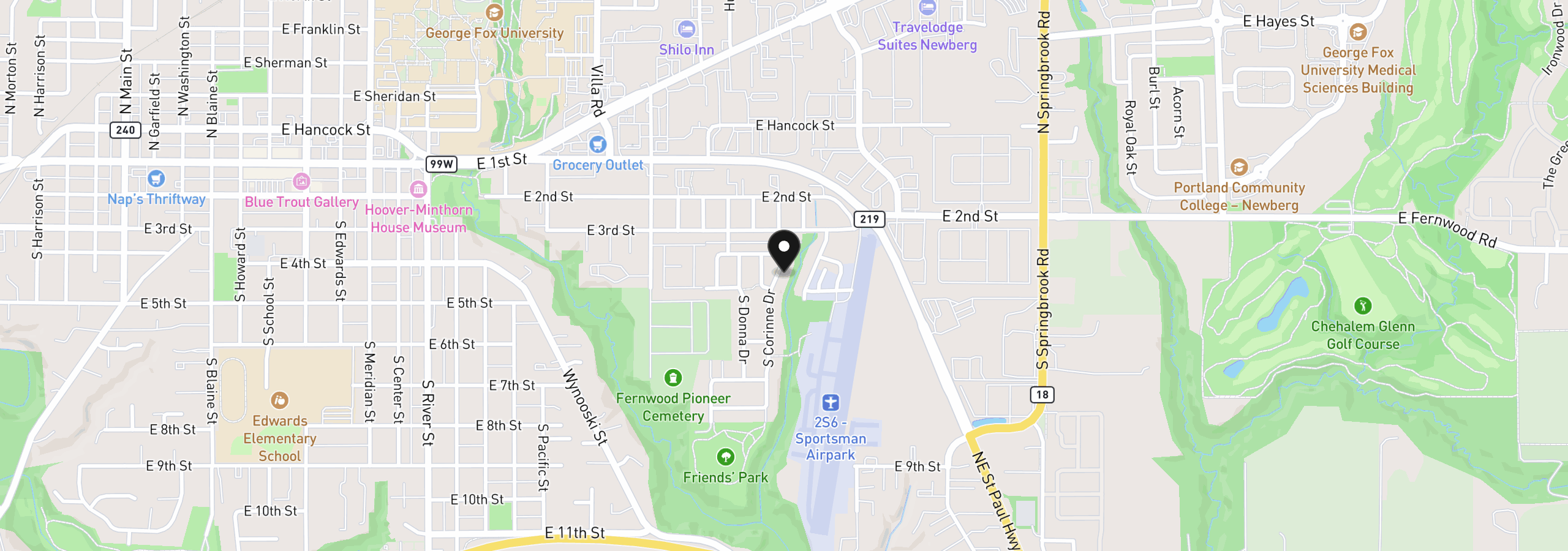 Map showing the location of 466 S Corinne Dr, Newberg, OR 97132