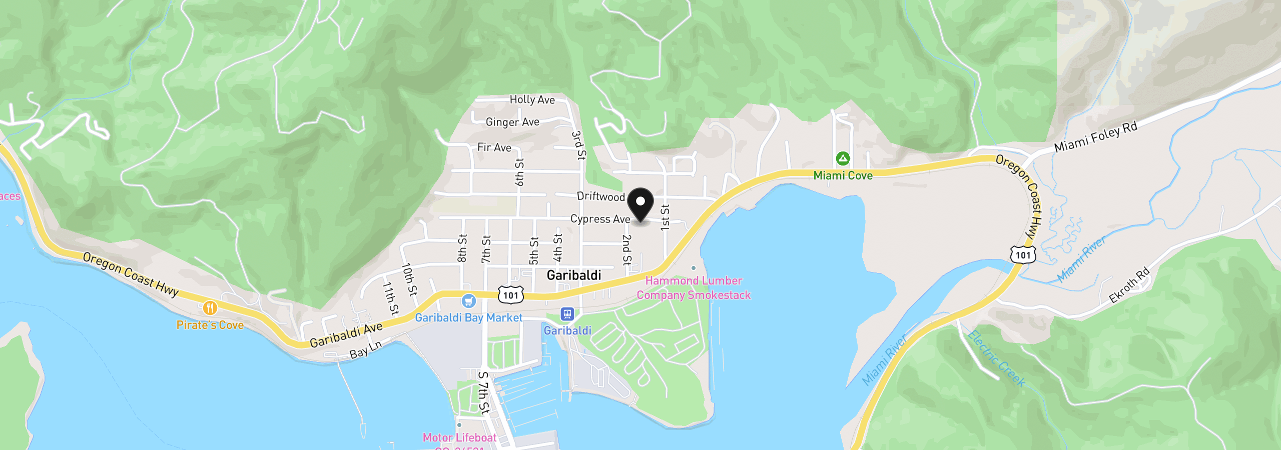 Map showing the location of 111 Cypress Ave, Garibaldi, OR 97118