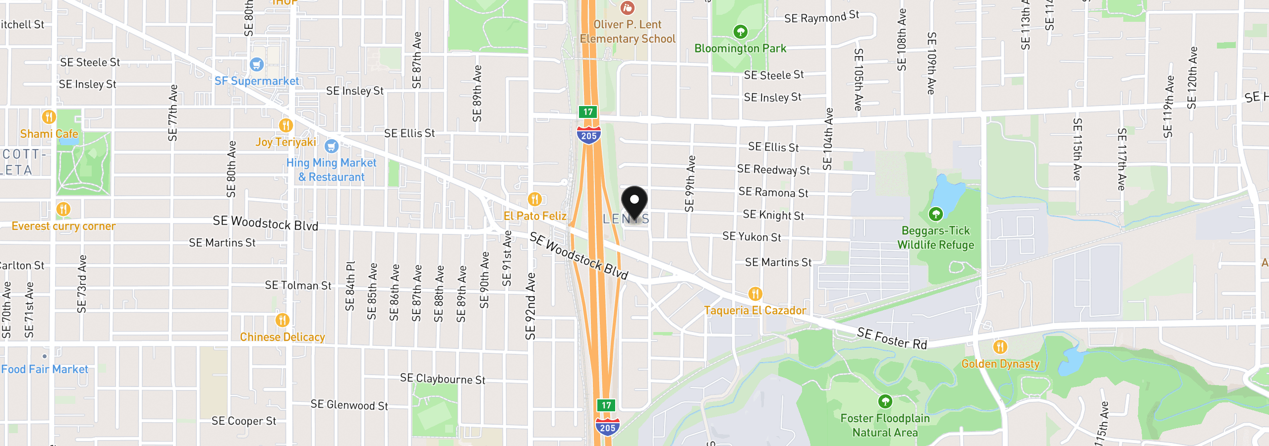 Map showing the location of 9641 SE Yukon St, Portland, OR 97266