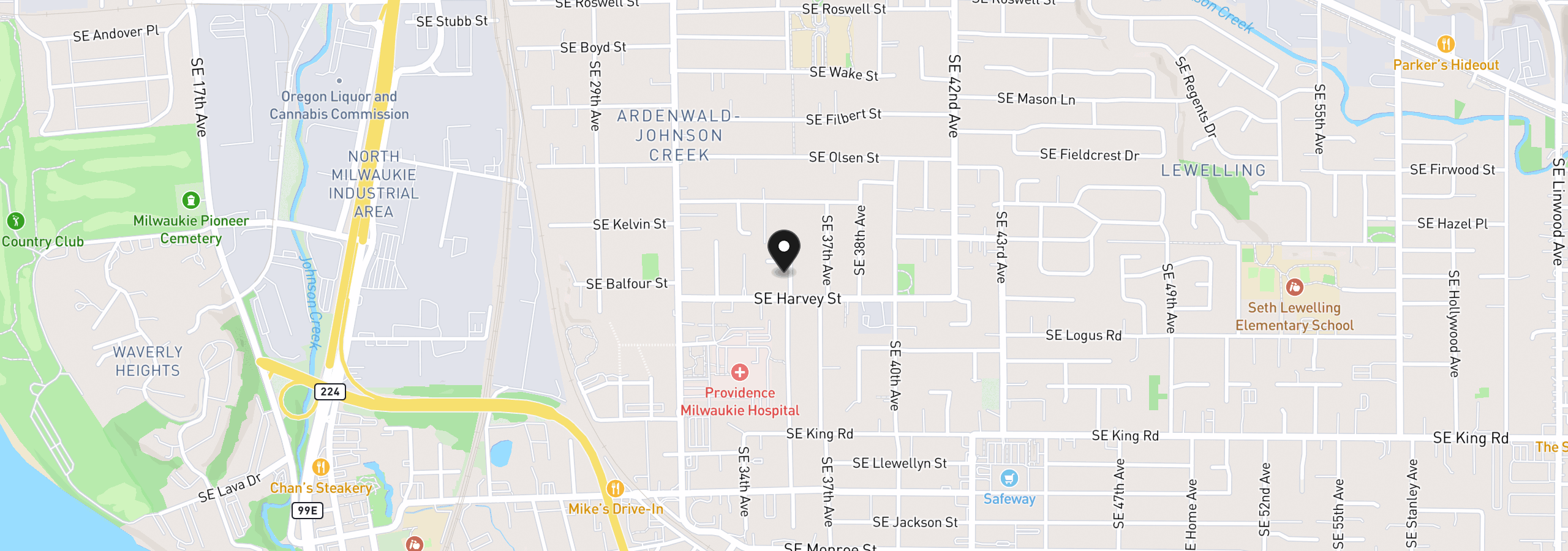 Map showing the location of 9819 SE 36th Ave, Milwaukie, OR 97222