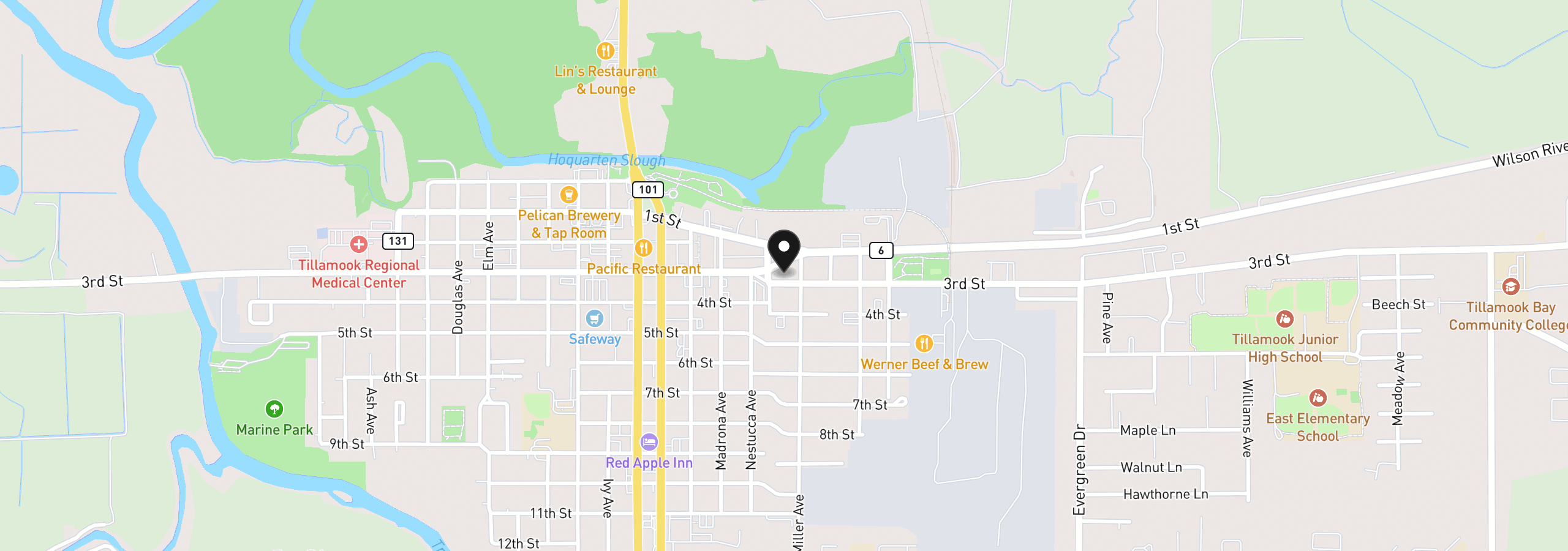 Map showing the location of 2410 3rd St, Tillamook, OR 97141