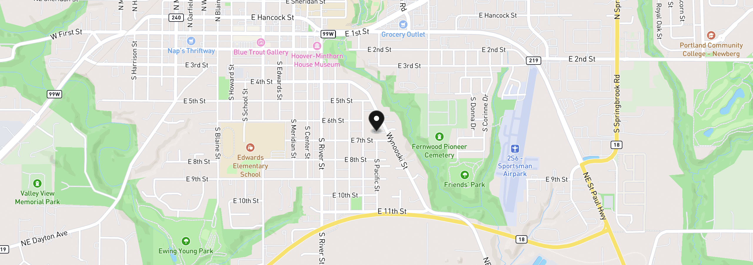 Map showing the location of 917 S Wynooski St, Newberg, OR 97132