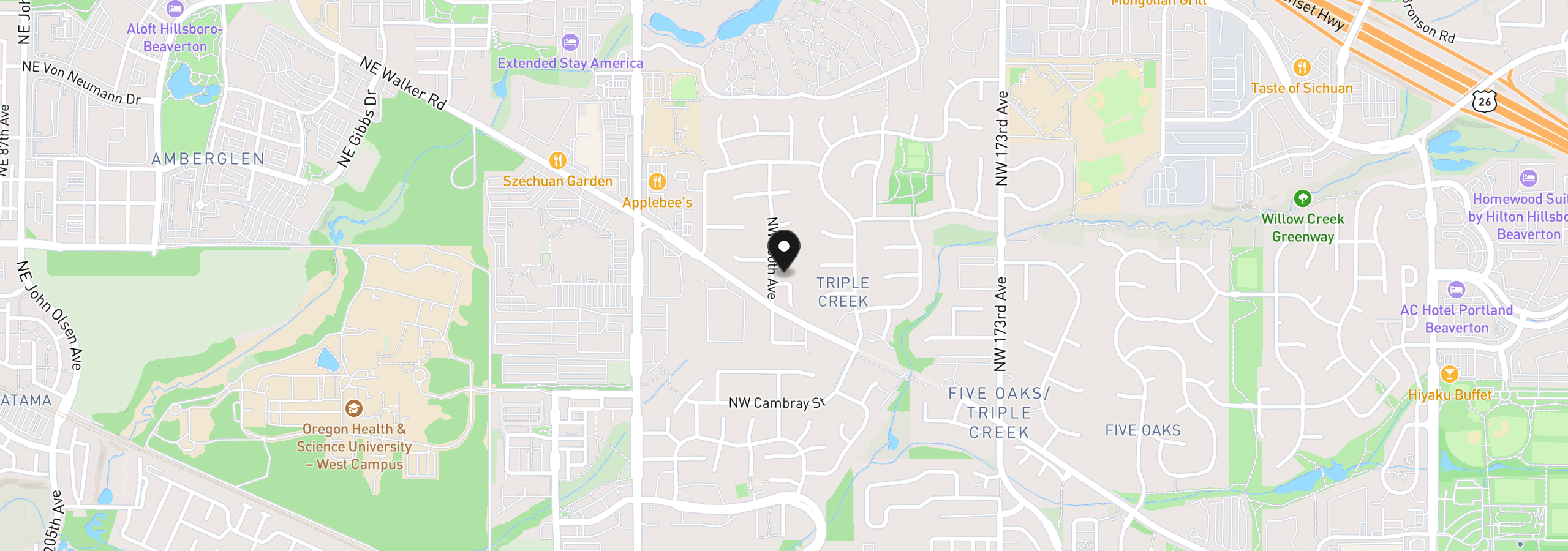 Map showing the location of 17985 NW Waterfield Ct, Beaverton, OR 97006