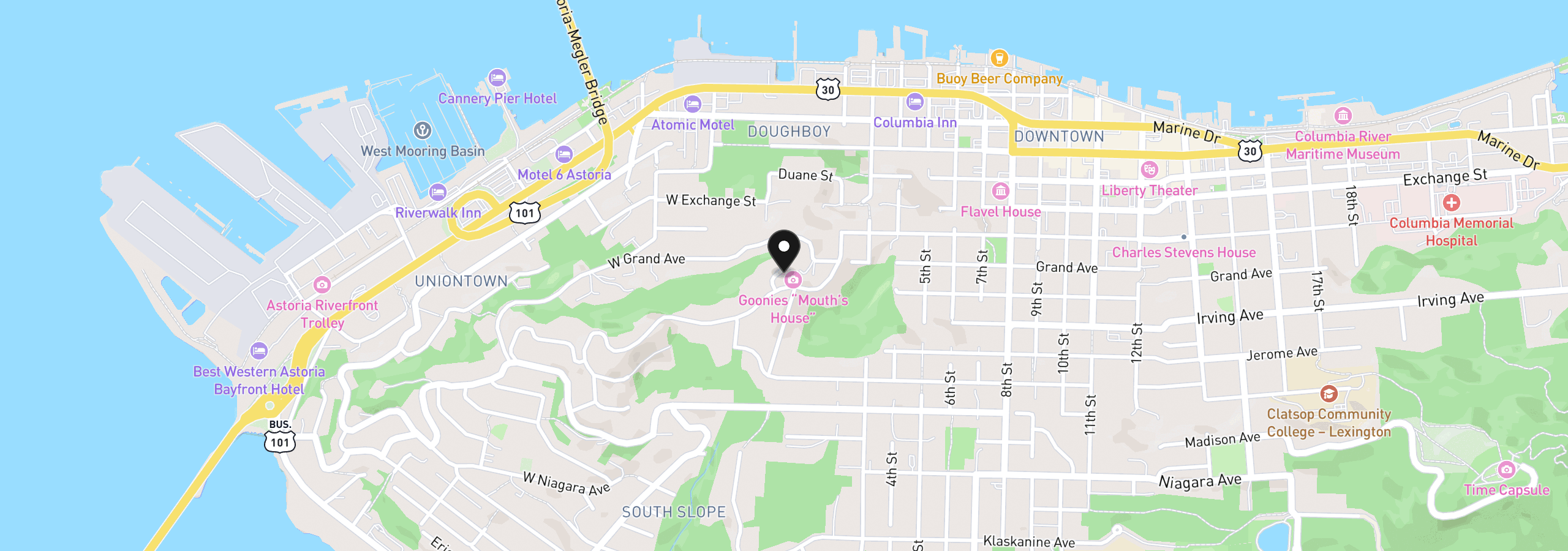 Map showing the location of 20 Skyline Pl, Astoria, OR 97103