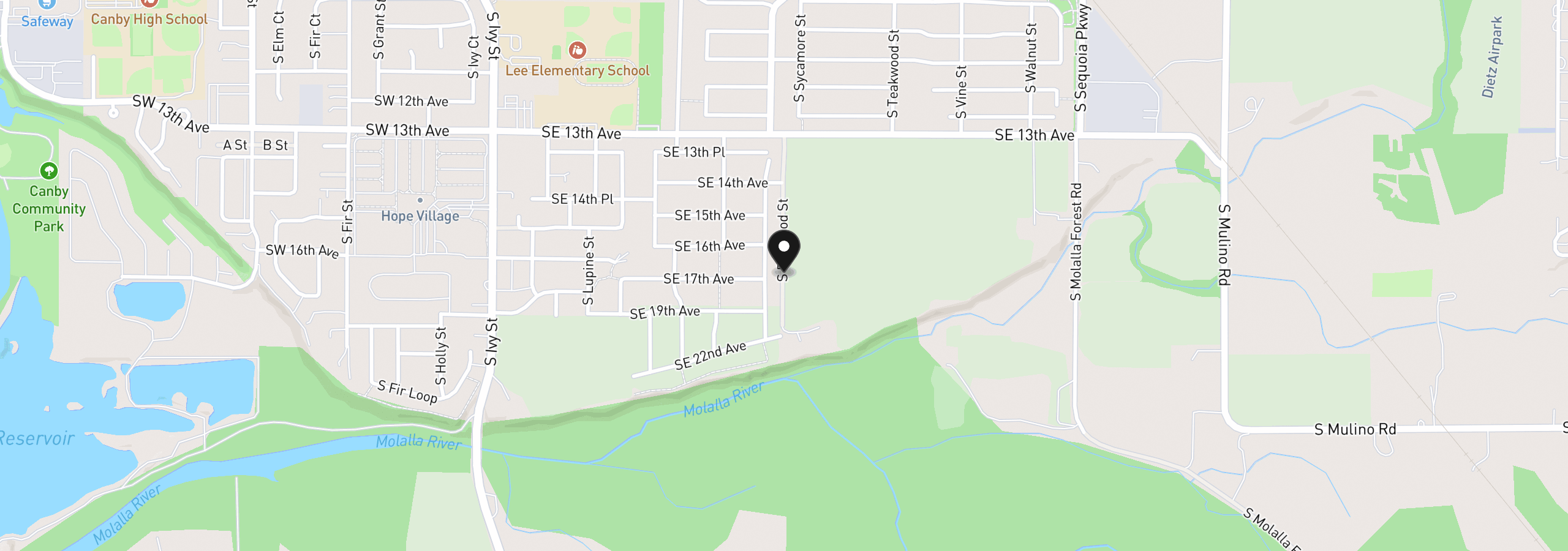 Map showing the location of 1199 SE 22nd Ave, Canby, OR 97013