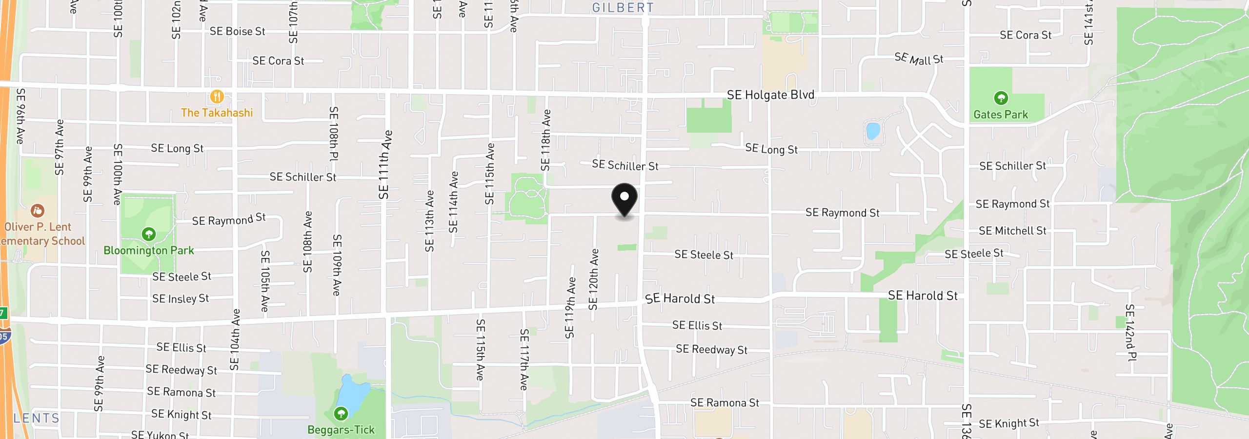 Map showing the location of 12102 SE Raymond St, Portland, OR 97266