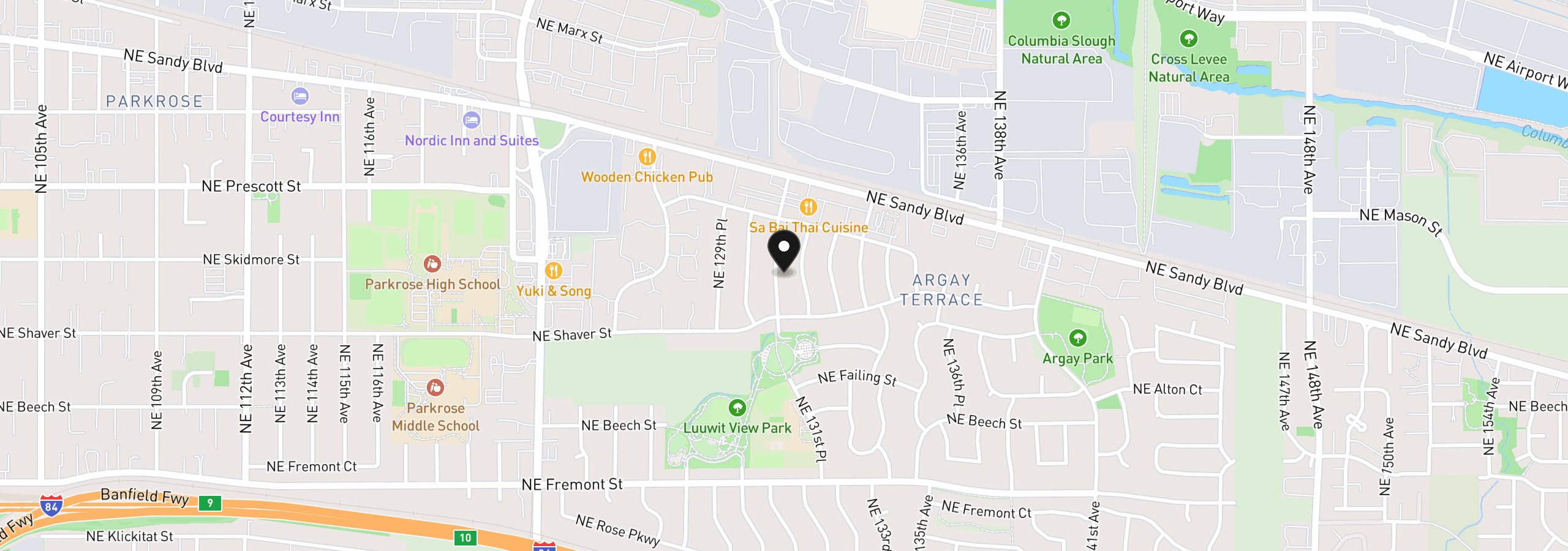 Map showing the location of 4134 NE 131st Pl NE, Portland, OR 97230