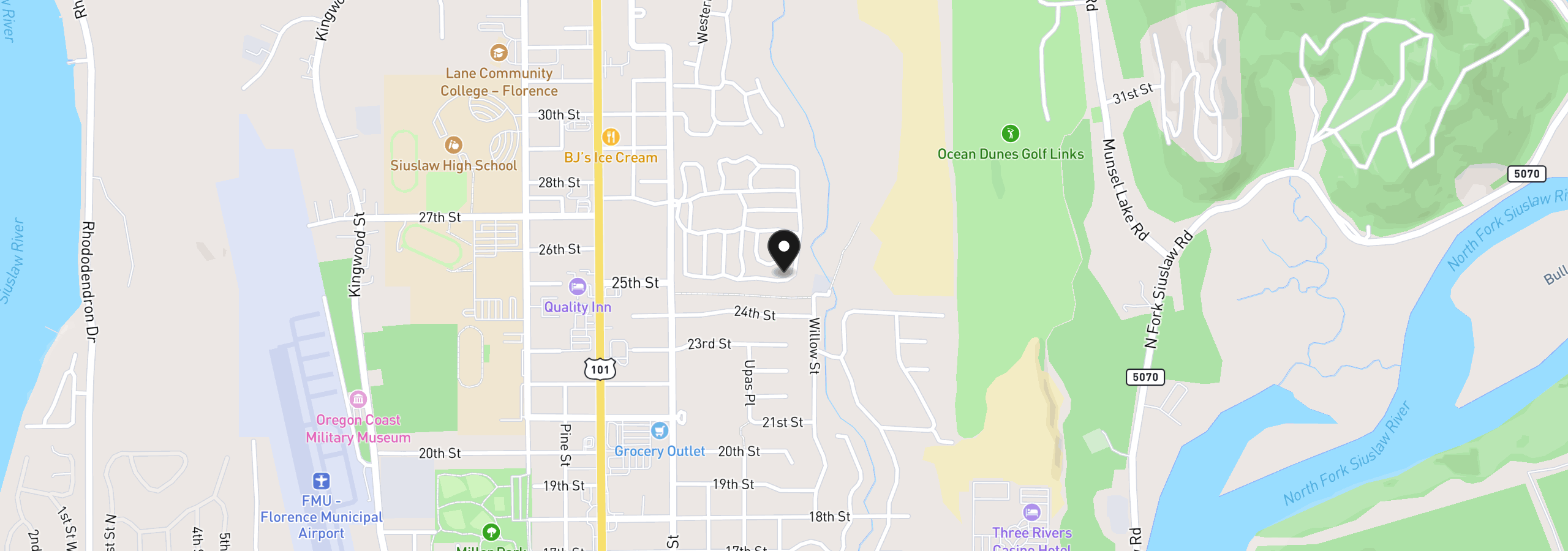 Map showing the location of 255 Outer Dr, Florence, OR 97439
