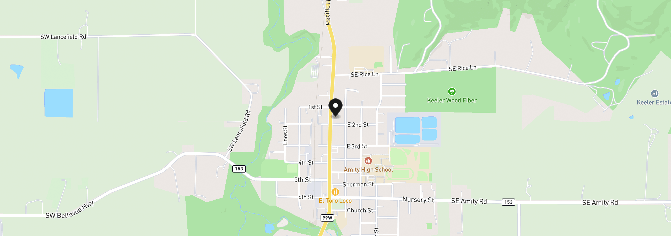 Map showing the location of 109 S Trade St, Amity, OR 97101
