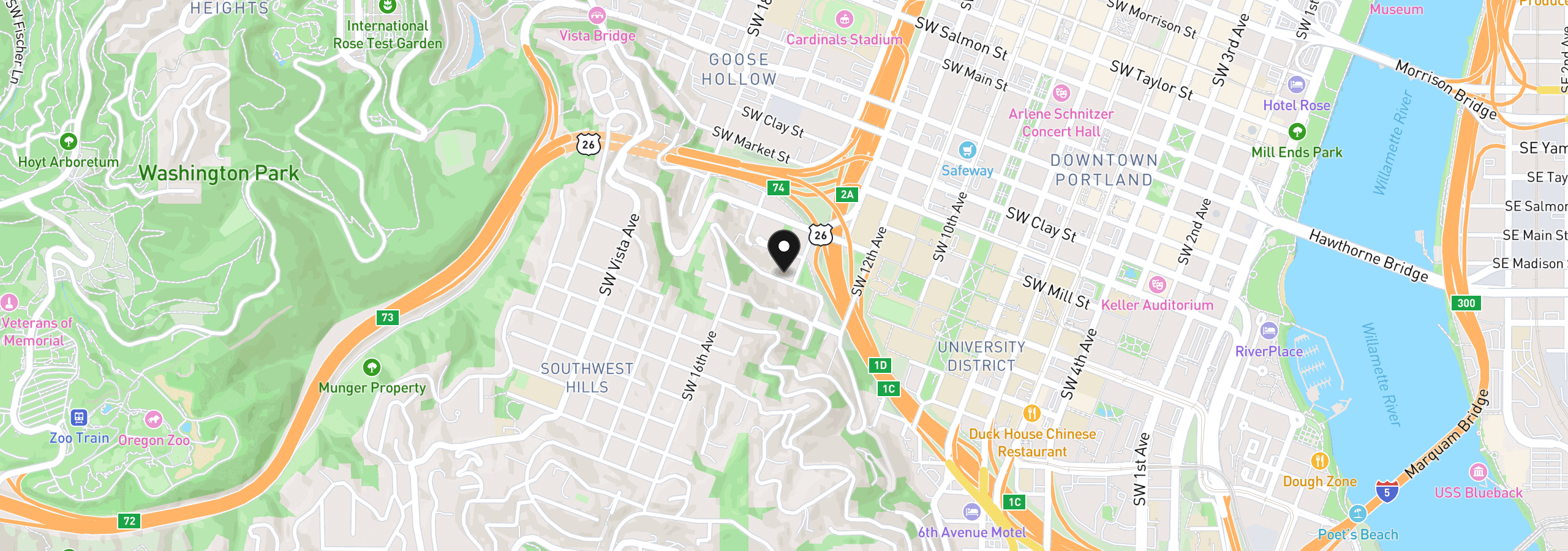Map showing the location of 1411 SW Hall St, Portland, OR 97201