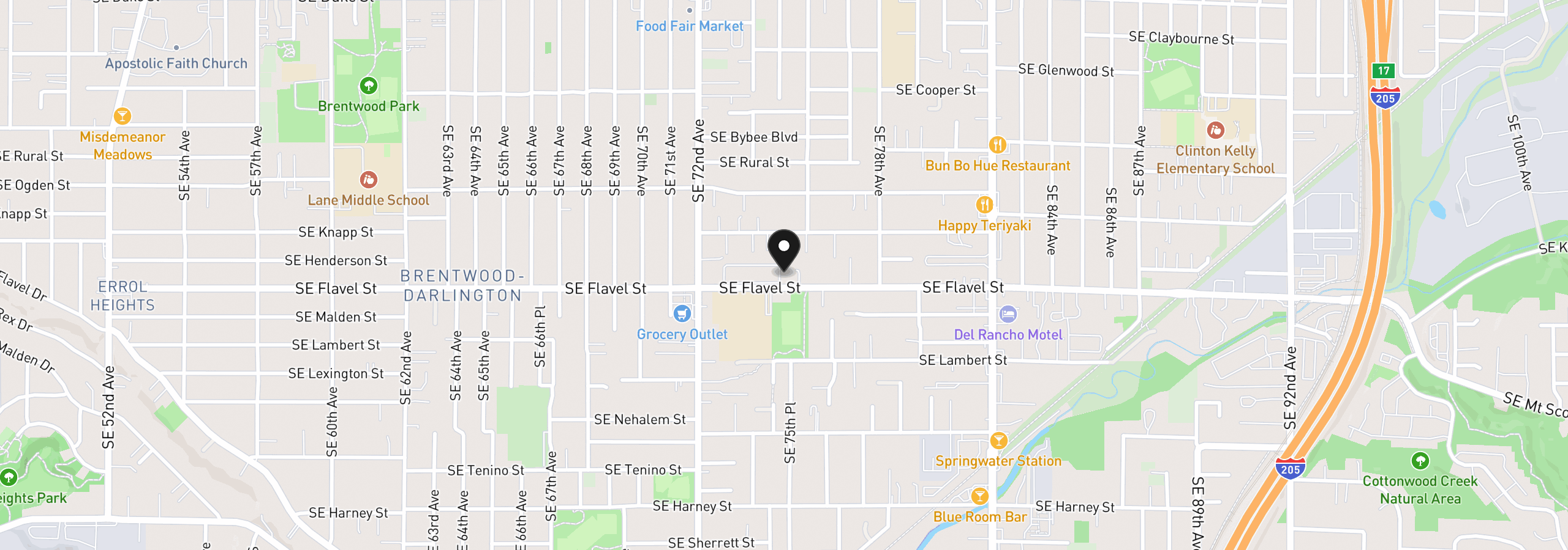 Map showing the location of 7227 SE Flavel St, Portland, OR 97206