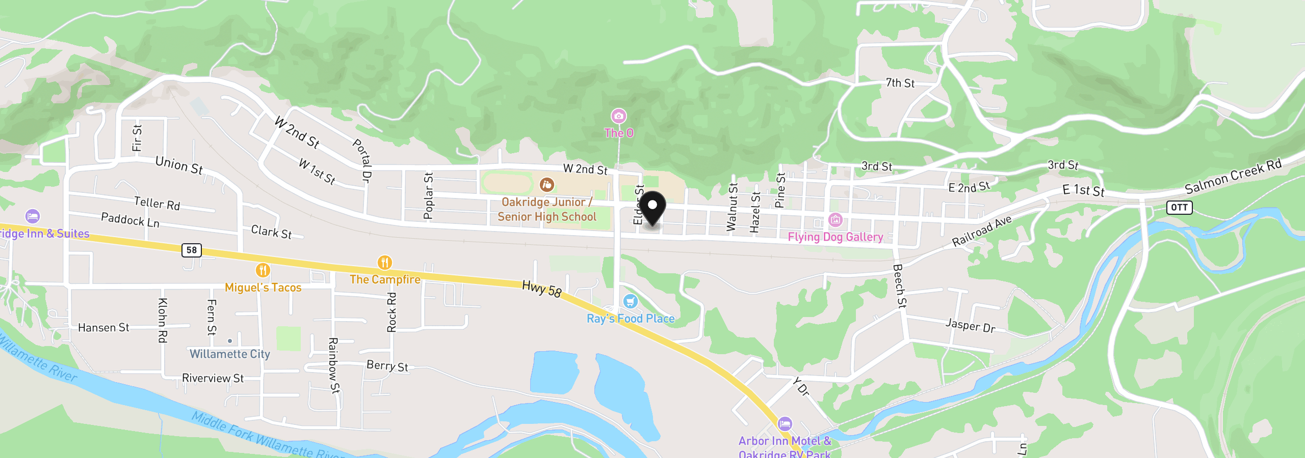 Map showing the location of 48095 Commercial St, Oakridge, OR 97463