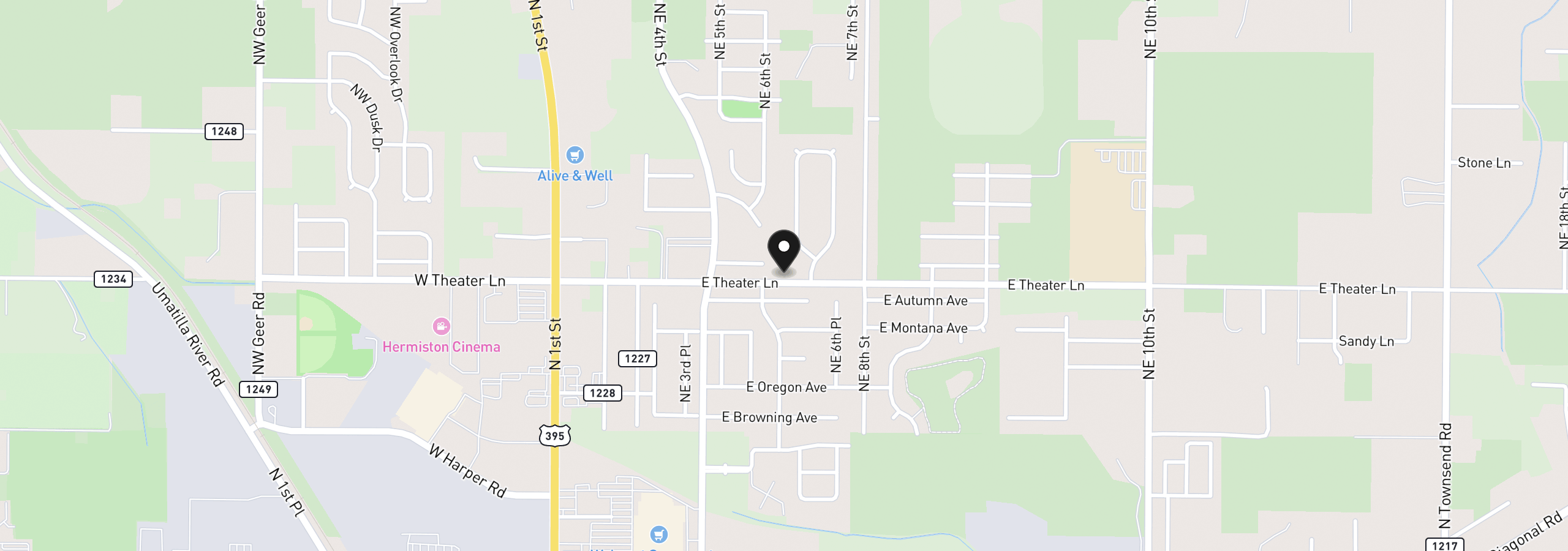 Map showing the location of 545 E Theater Ln, Hermiston, OR 97838