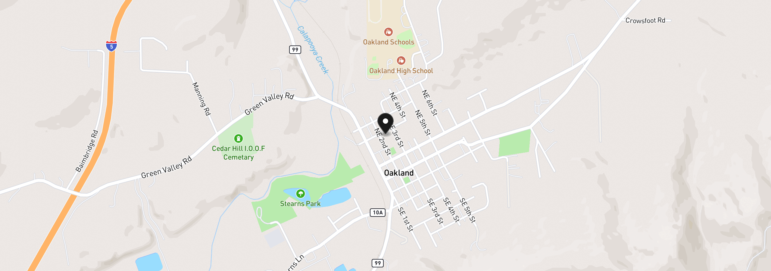Map showing the location of 340 NE Second St, Oakland, OR 97462