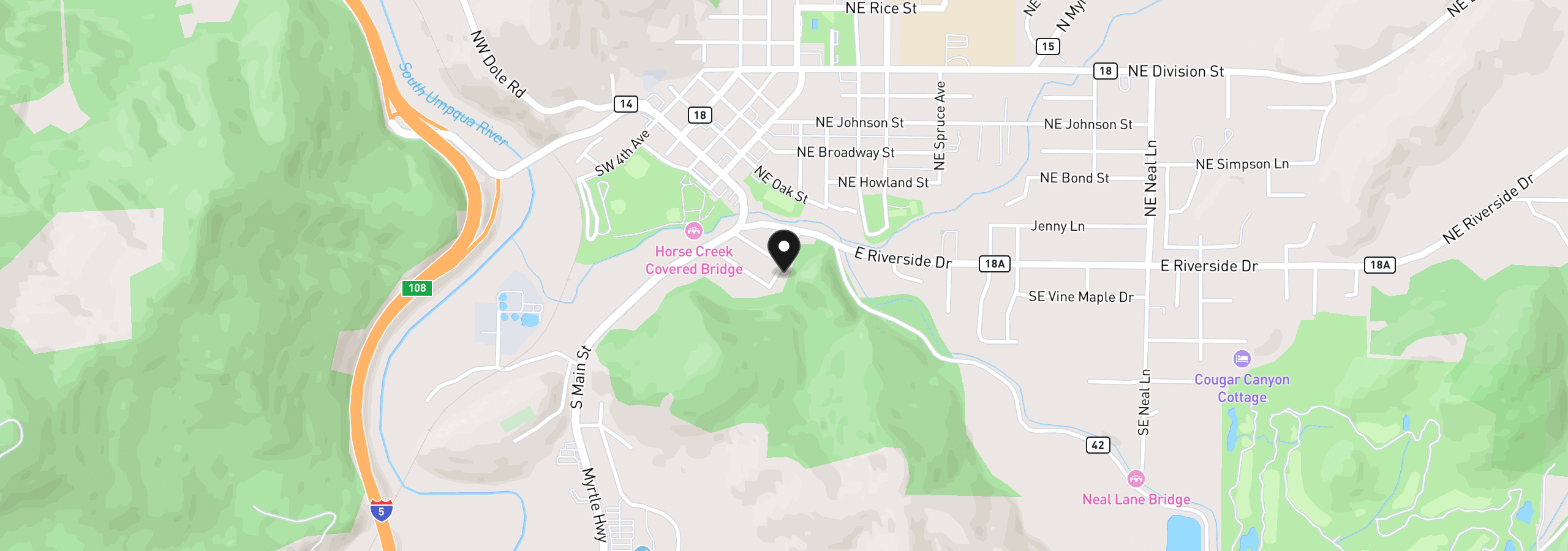 Map showing the location of 177 SE Pete Ave, Myrtle Creek, OR 97457