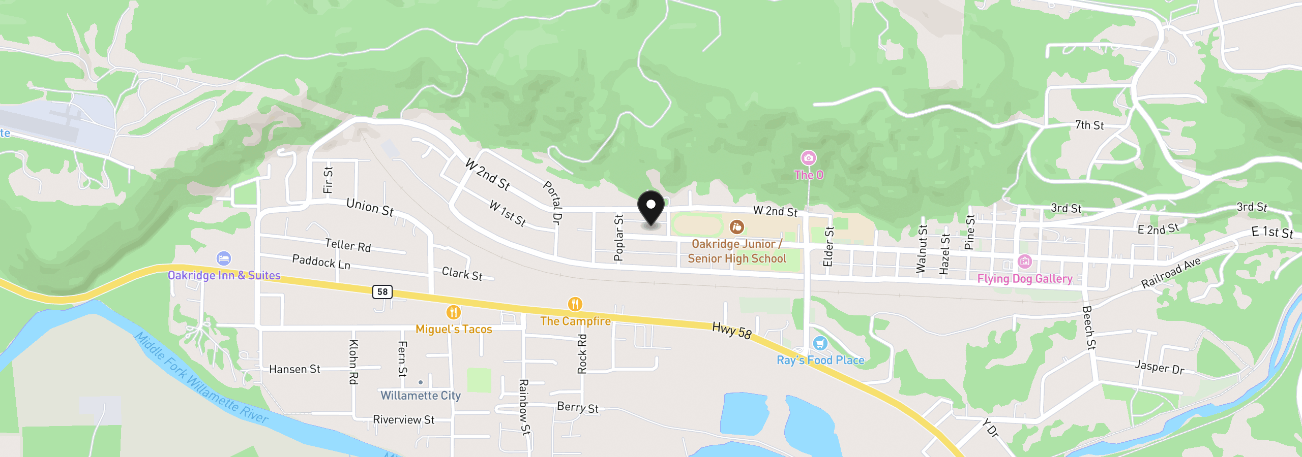 Map showing the location of 47885 W 1st St, Oakridge, OR 97463