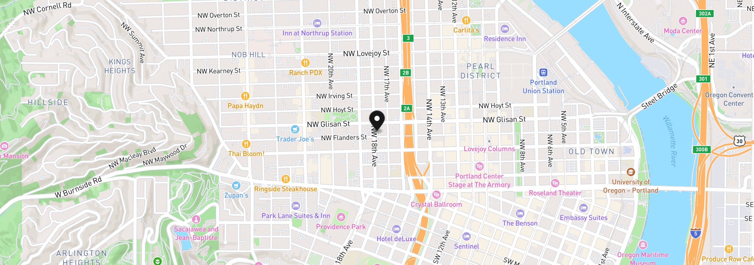 Map showing the location of 410 NW 18th Ave 007, Portland, OR 97209