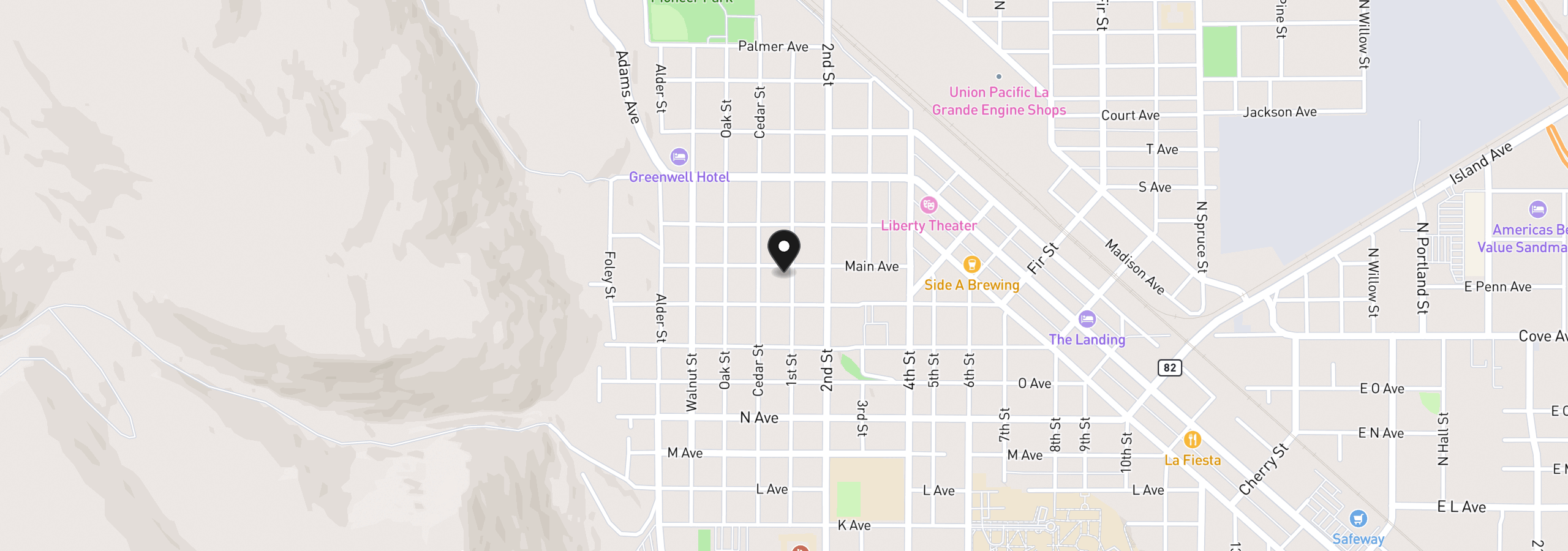 Map showing the location of 1710 1st St, La Grande, OR 97850