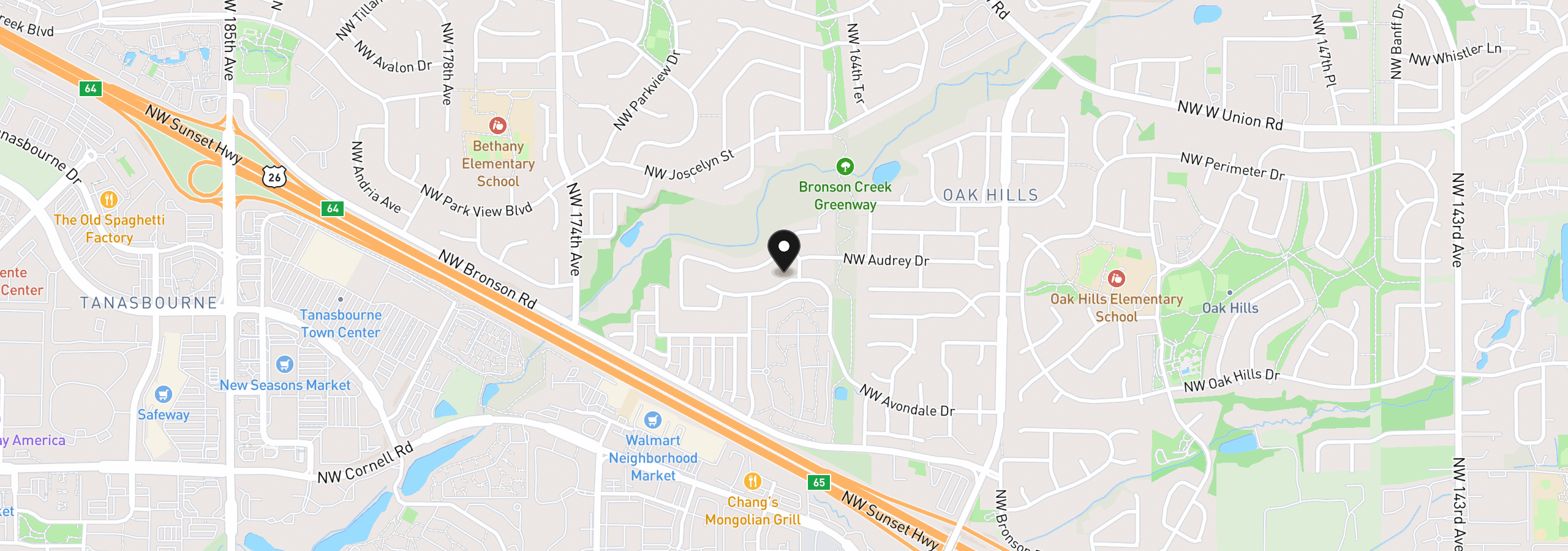 Map showing the location of 16617 NW Avondale Dr, Beaverton, OR 97006
