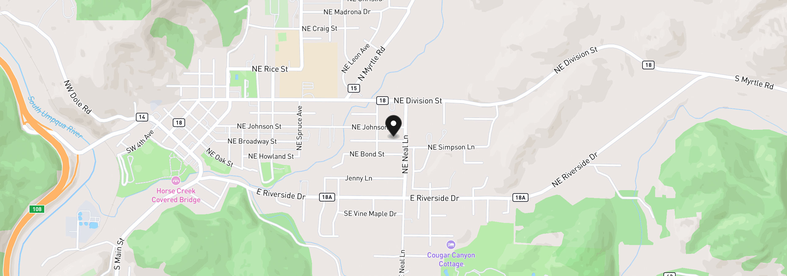 Map showing the location of 961 NE Broadway St, Myrtle Creek, OR 97457