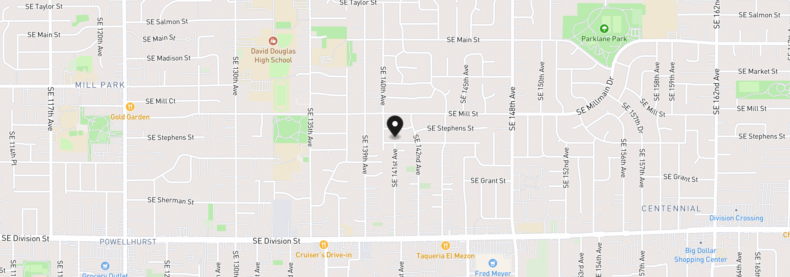 Map showing the location of 14035 SE Harrison St, Portland, OR 97233