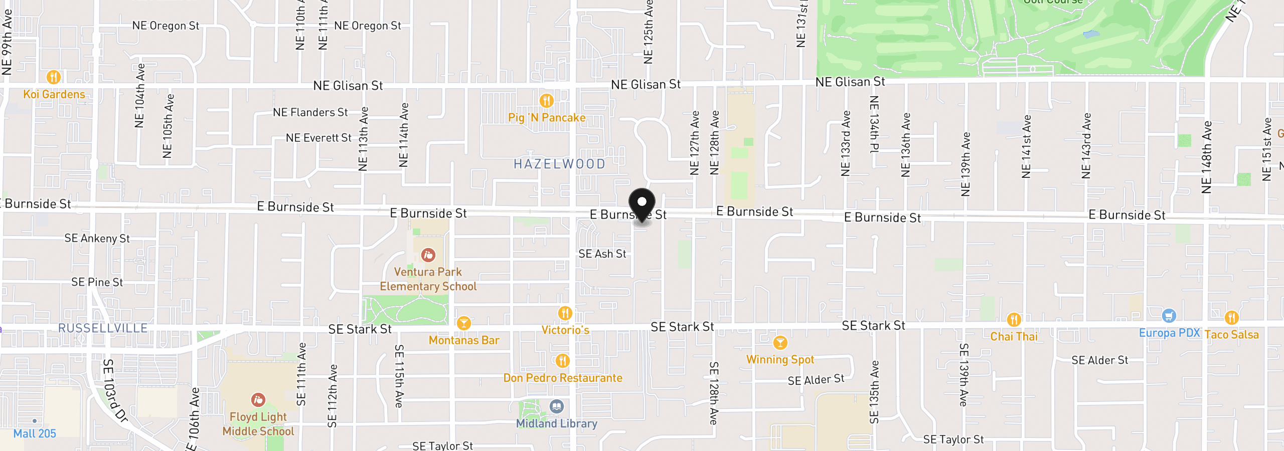 Map showing the location of 12414 E Burnside St, Portland, OR 97233